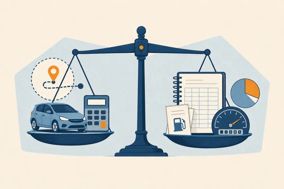 Illustrated balance comparing cents per kilometre with logbook expenses and business-use records
