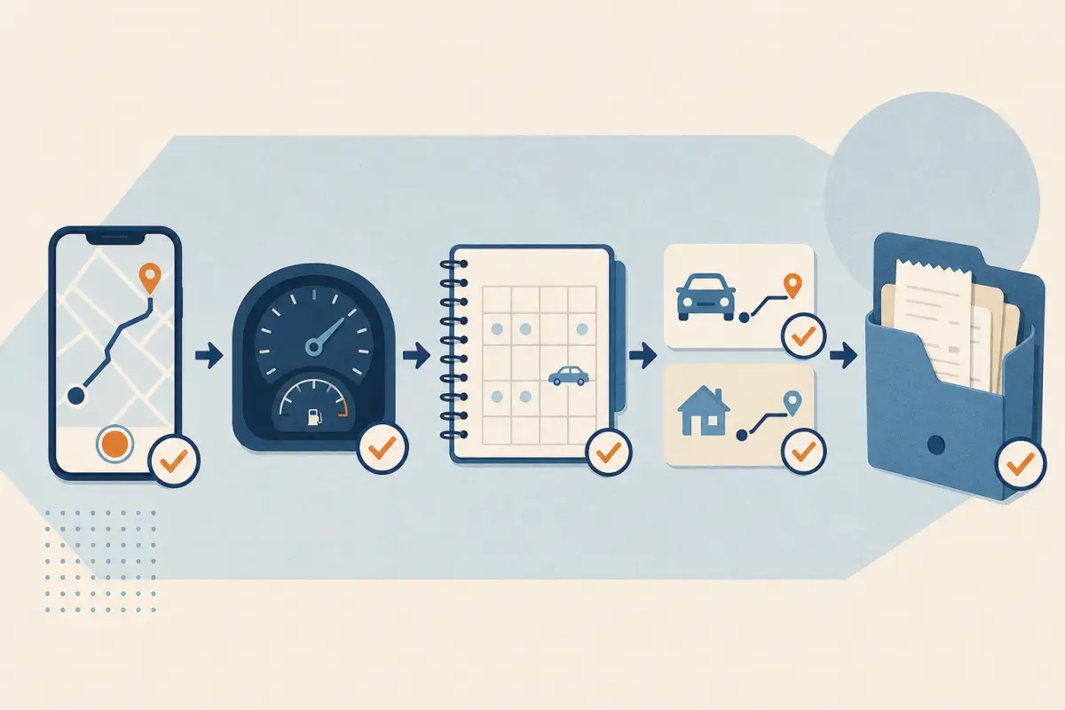 Illustrated workflow from trip tracking and odometer readings to logbook classification and receipt storage