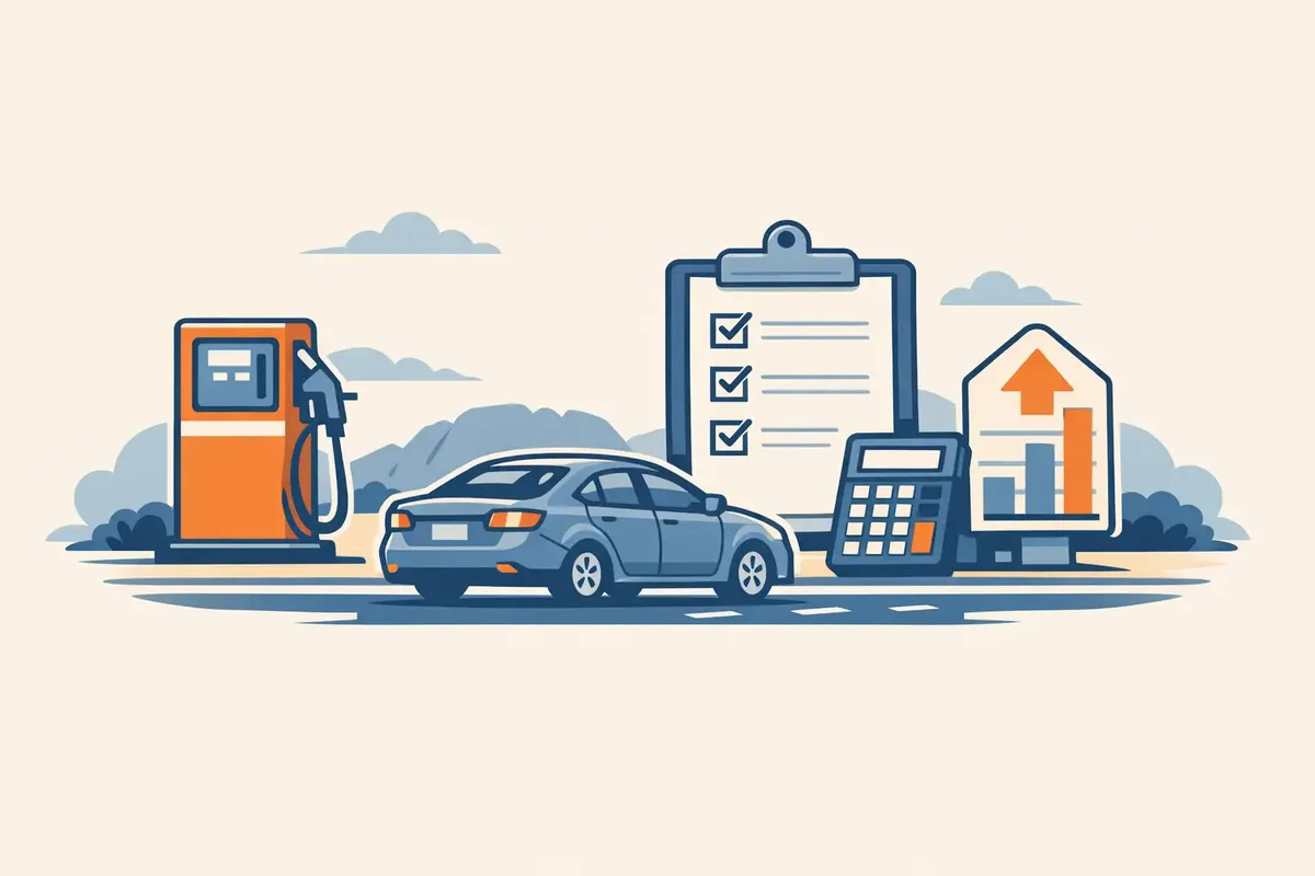 Illustration of a car, fuel pump, tax checklist, and calculator for the ATO mileage rate 2026-27 prediction