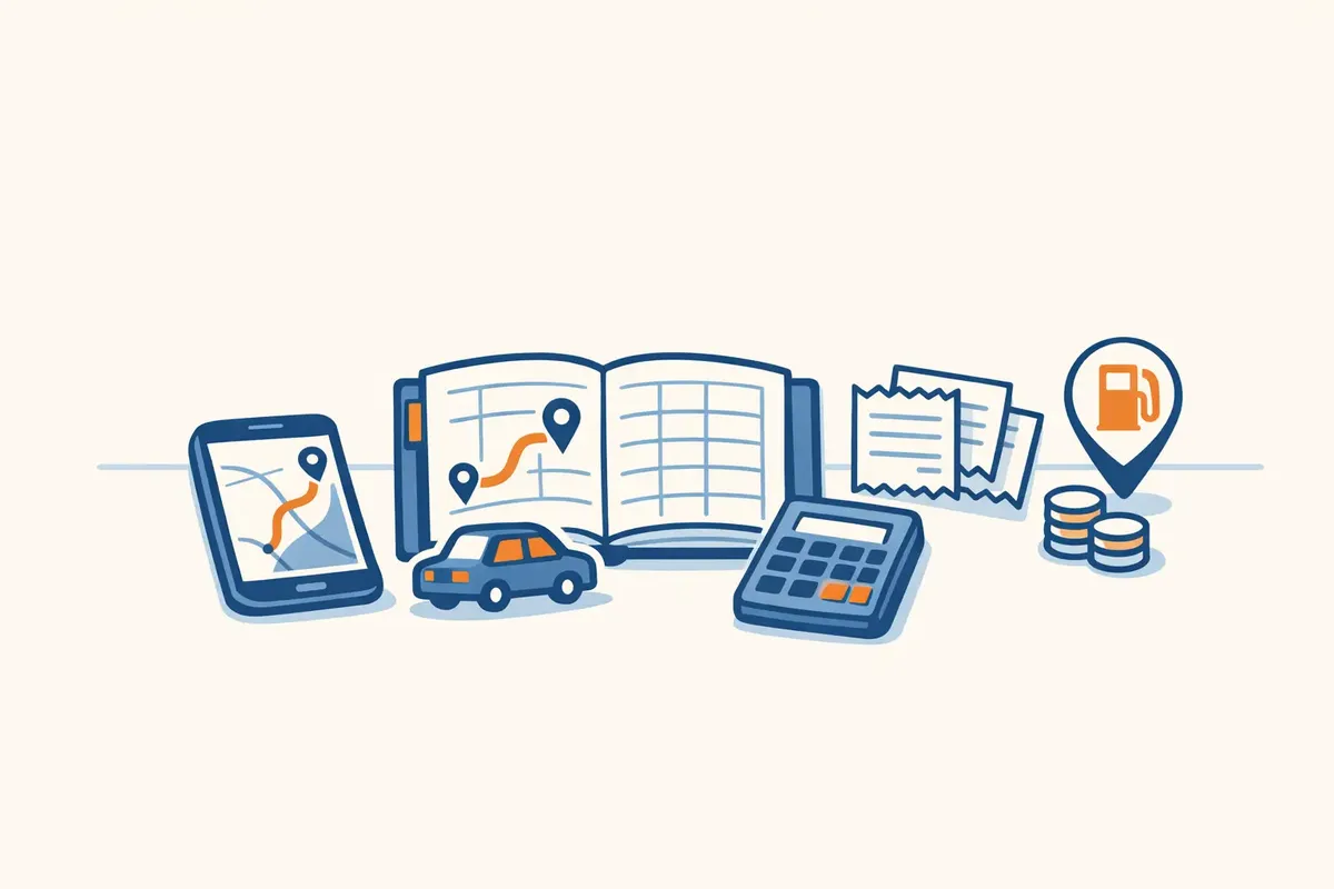Illustration of a phone route, mileage logbook, receipts, calculator, and fuel marker for comparing ATO car expense methods