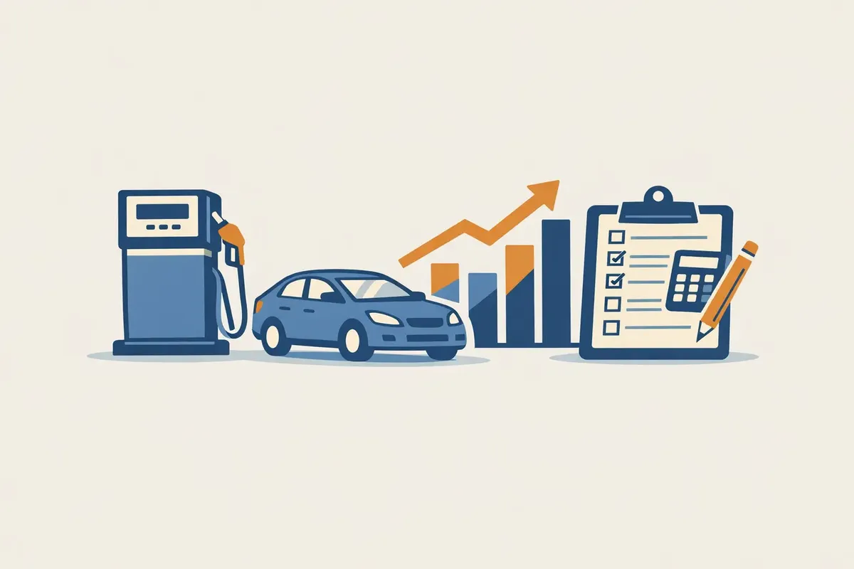 Illustration of a fuel pump, car, rising cost chart, and tax checklist for Australian mileage rate pressure
