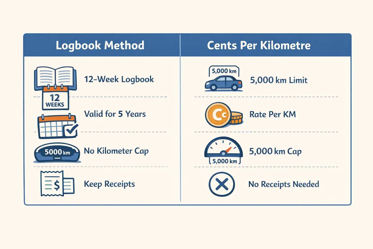 Comparison of ATO logbook method vs cents per kilometre method for work-related car expense claims