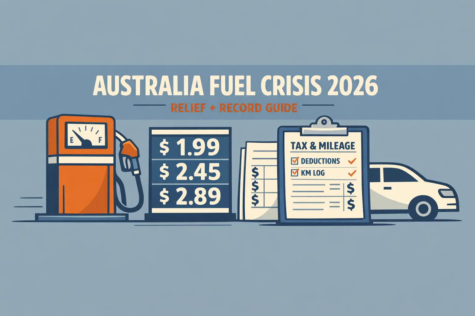Petrol pump, price board, mileage clipboard, and car illustration for the Australia fuel crisis 2026 guide