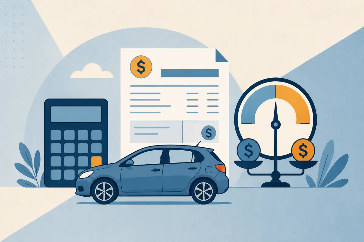Car, calculator, payslip and balance gauge for checking a car allowance against vehicle costs