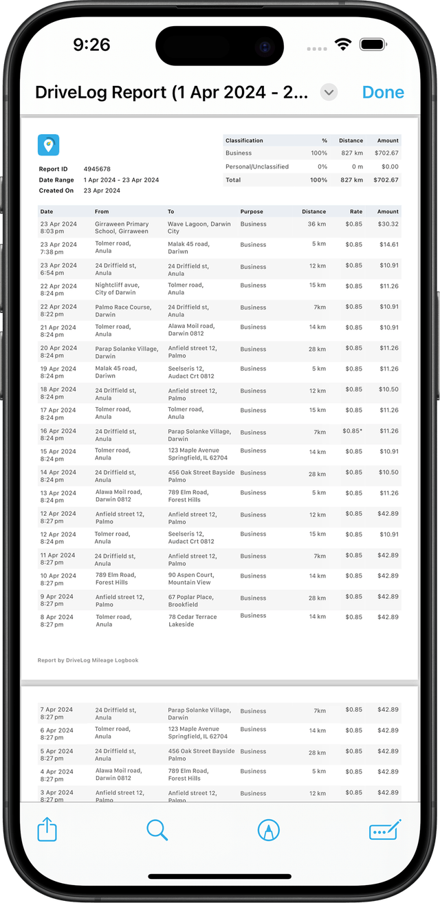 Tax-ready mileage report in DriveLog