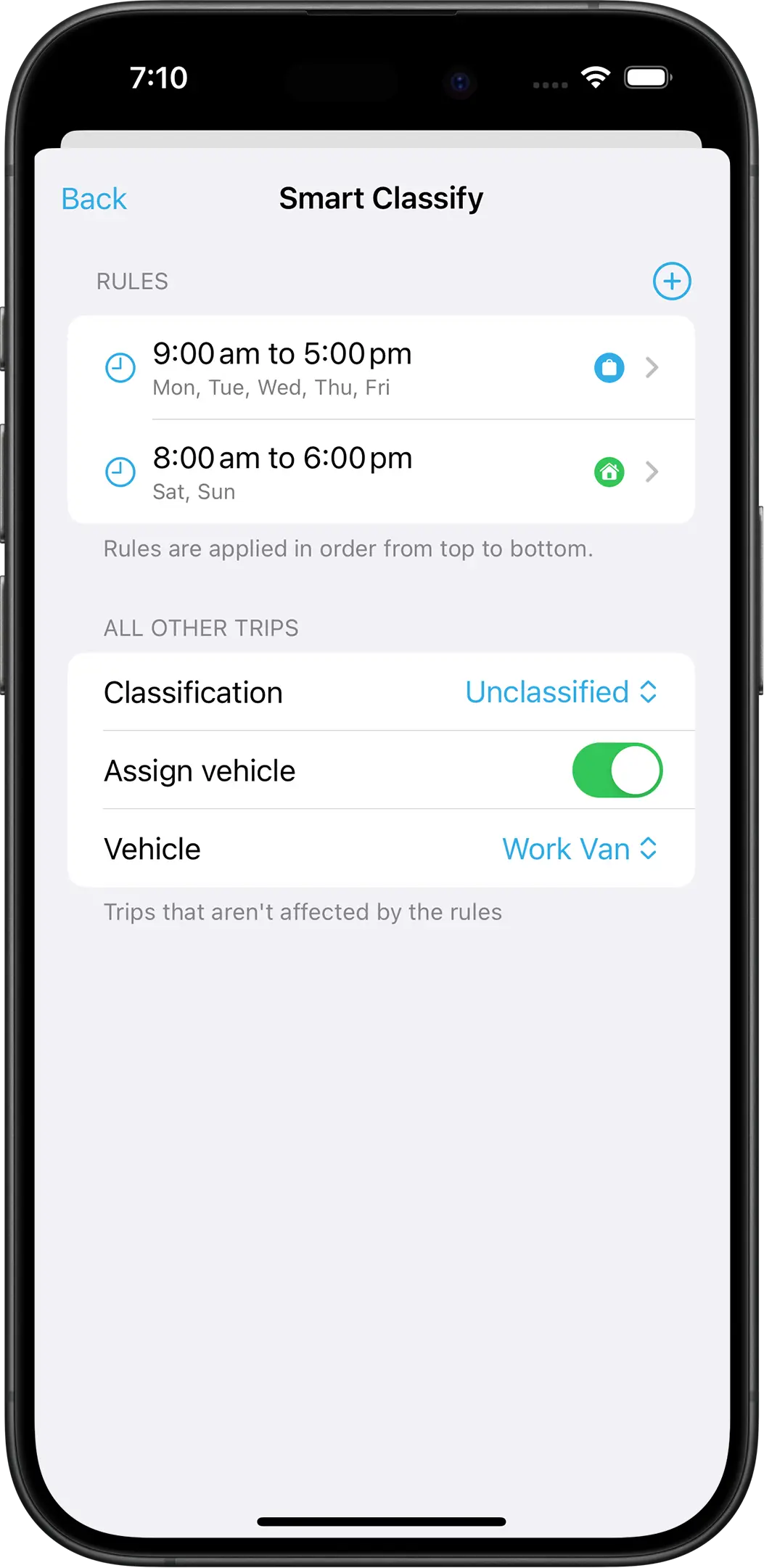 Smart trip classification rules in DriveLog