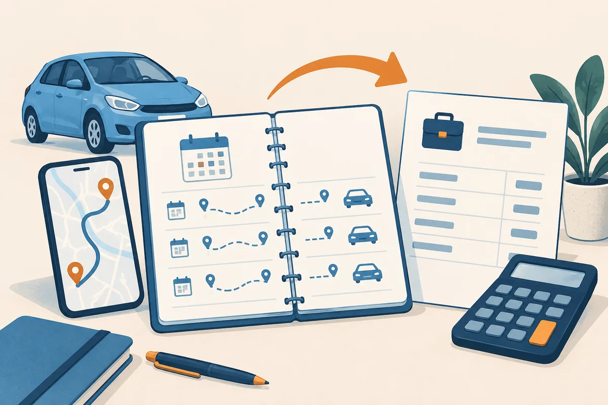 A dated business mileage log beside an employer payment statement and calculator, ready to reconcile journey records and reimbursements