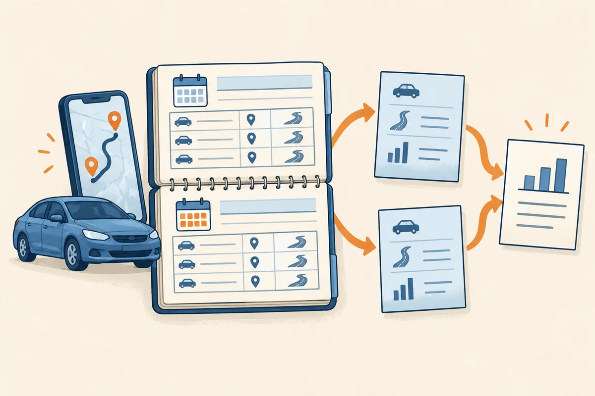 A dated mileage log split into two periods, with separate calculations combined into one annual summary