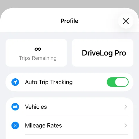 DriveLog profile screen showing Auto Trip Tracking enabled