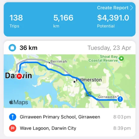 DriveLog trip screen showing a recorded route on a map
