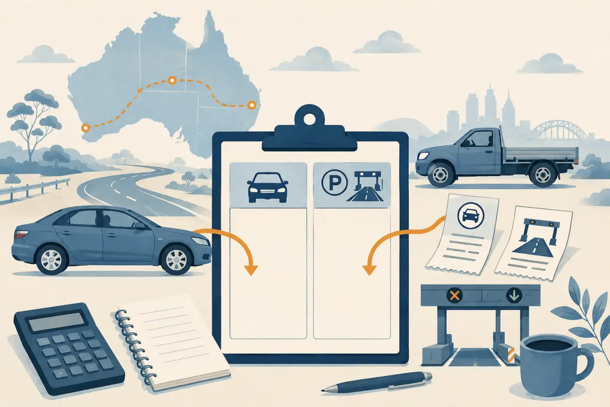 Australian road map, vehicles, toll receipts and a clipboard for sorting work-related travel expenses