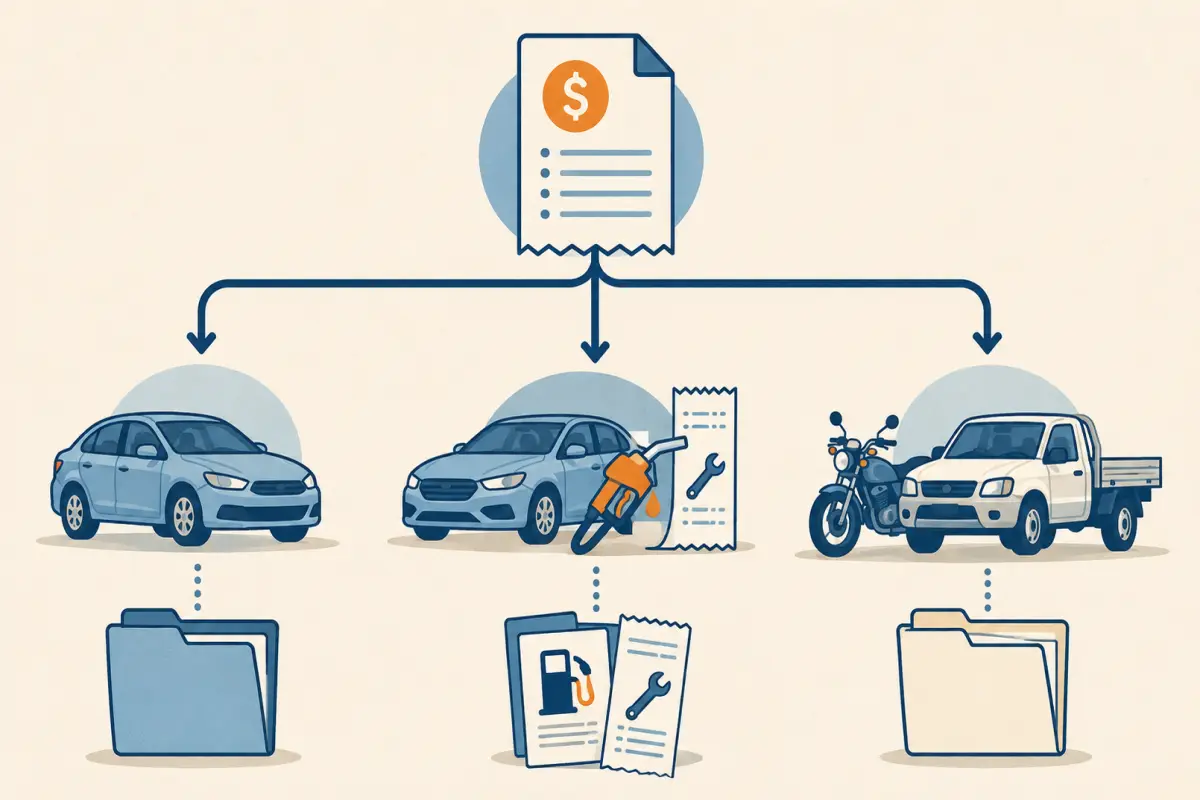 Three-way illustration showing an owned car, a borrowed car with receipts, and non-car vehicles routed to separate record folders