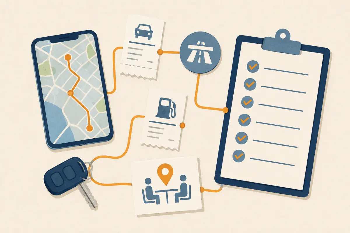 Phone route, vehicle receipts, toll marker, appointment card and checklist assembled as one mixed-day evidence pack