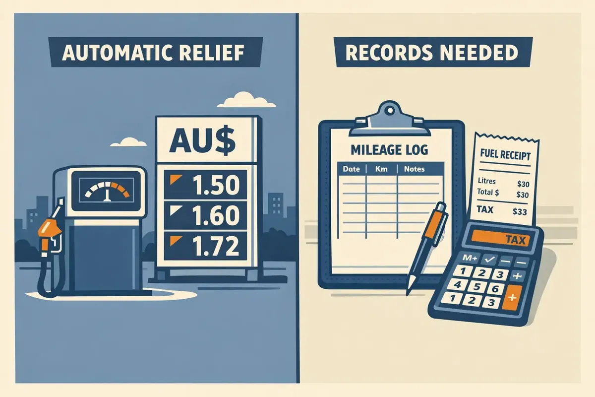 Split illustration showing automatic fuel relief versus claim-based records needed in Australia
