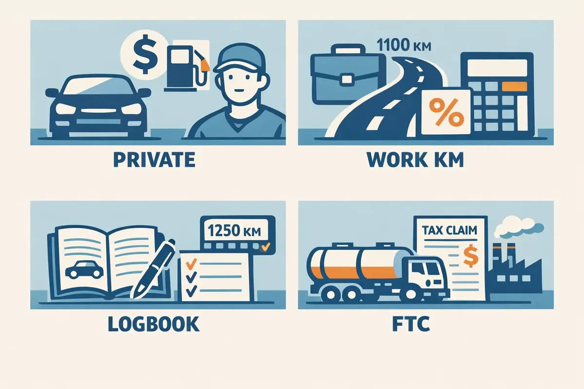 Four-panel illustration showing private motorists, work-kilometre drivers, logbook users, and Fuel Tax Credit businesses