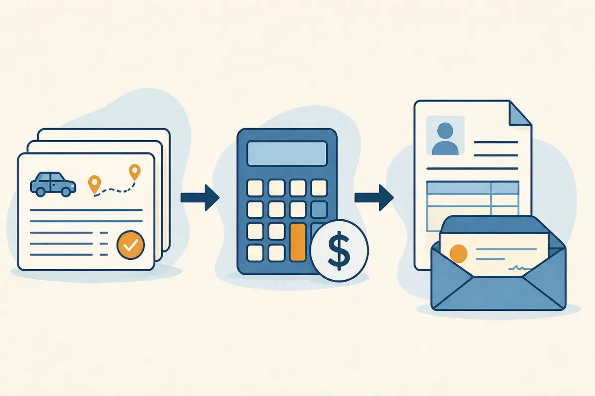 Approved trip records flowing through a calculator into a payroll document and payment envelope
