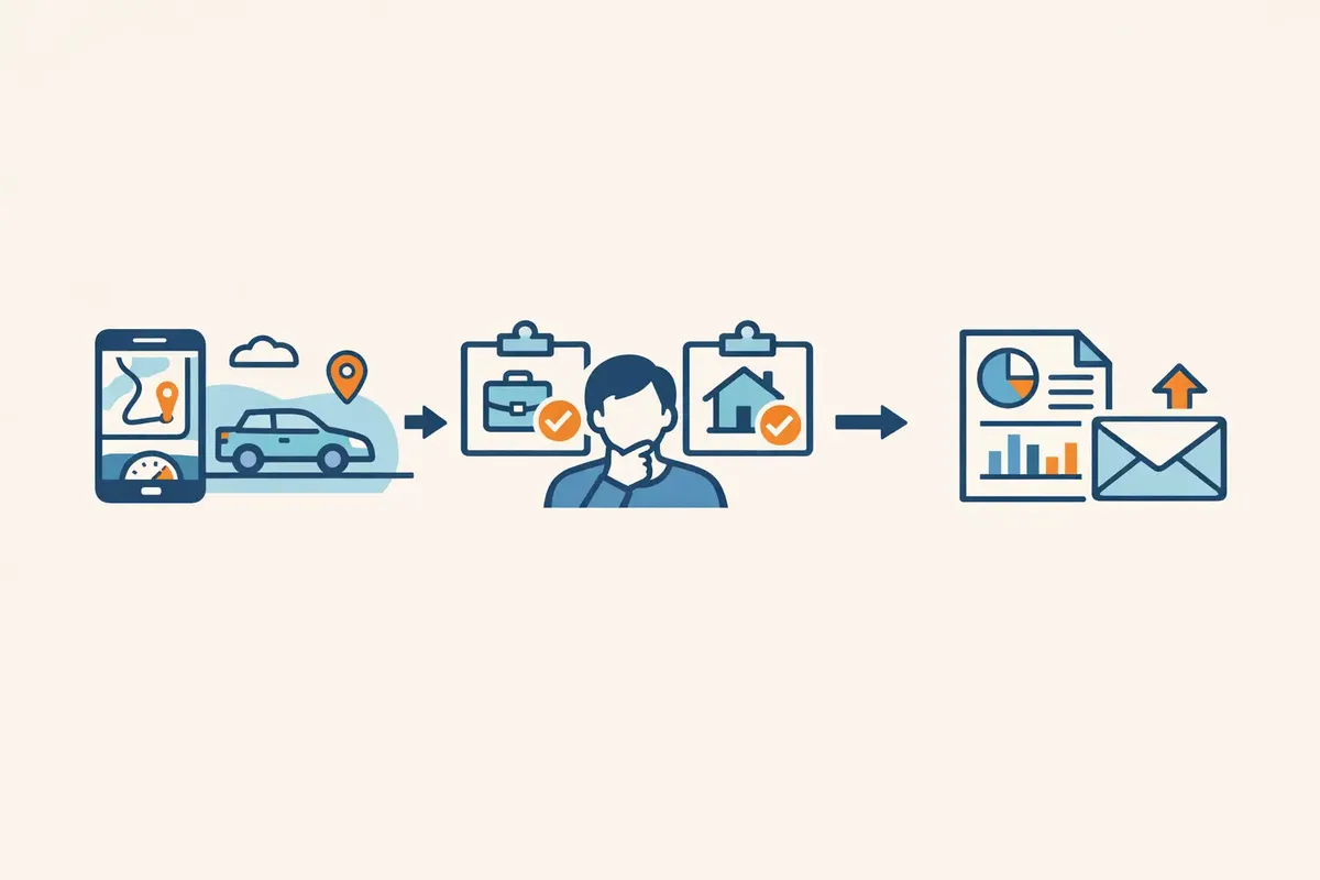 Capture, weekly purpose review and export workflow for a vehicle log book app