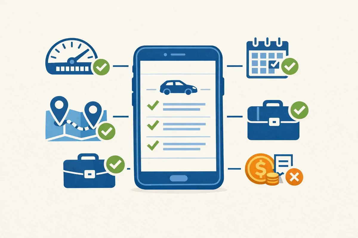 Trip record checklist with date, purpose, route, kilometres and reimbursement status