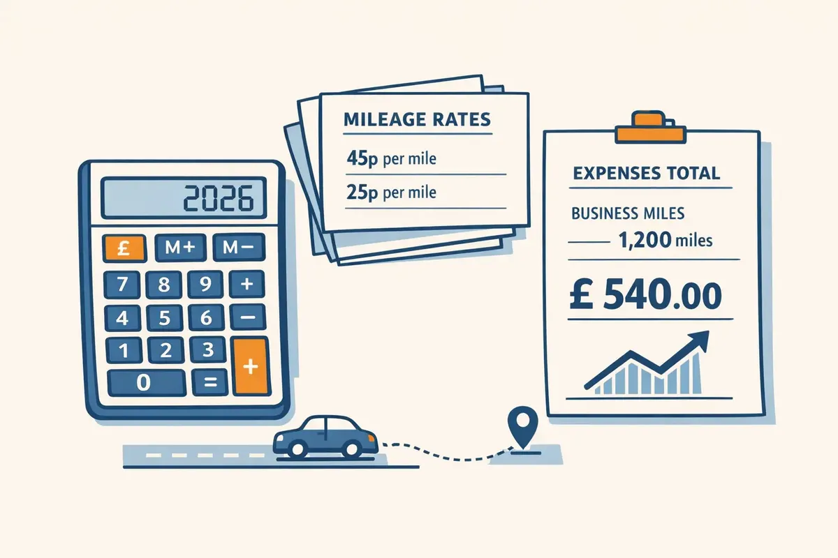 HMRC mileage rate calculator example for 2026 showing 45p and 25p tiered business mile calculation