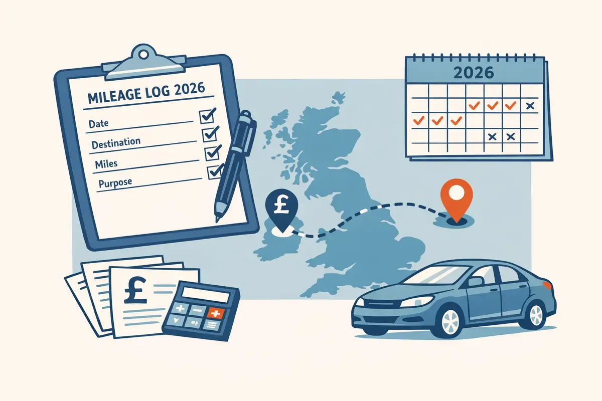 HMRC mileage log 2026 checklist with route, date, business purpose, and supporting records