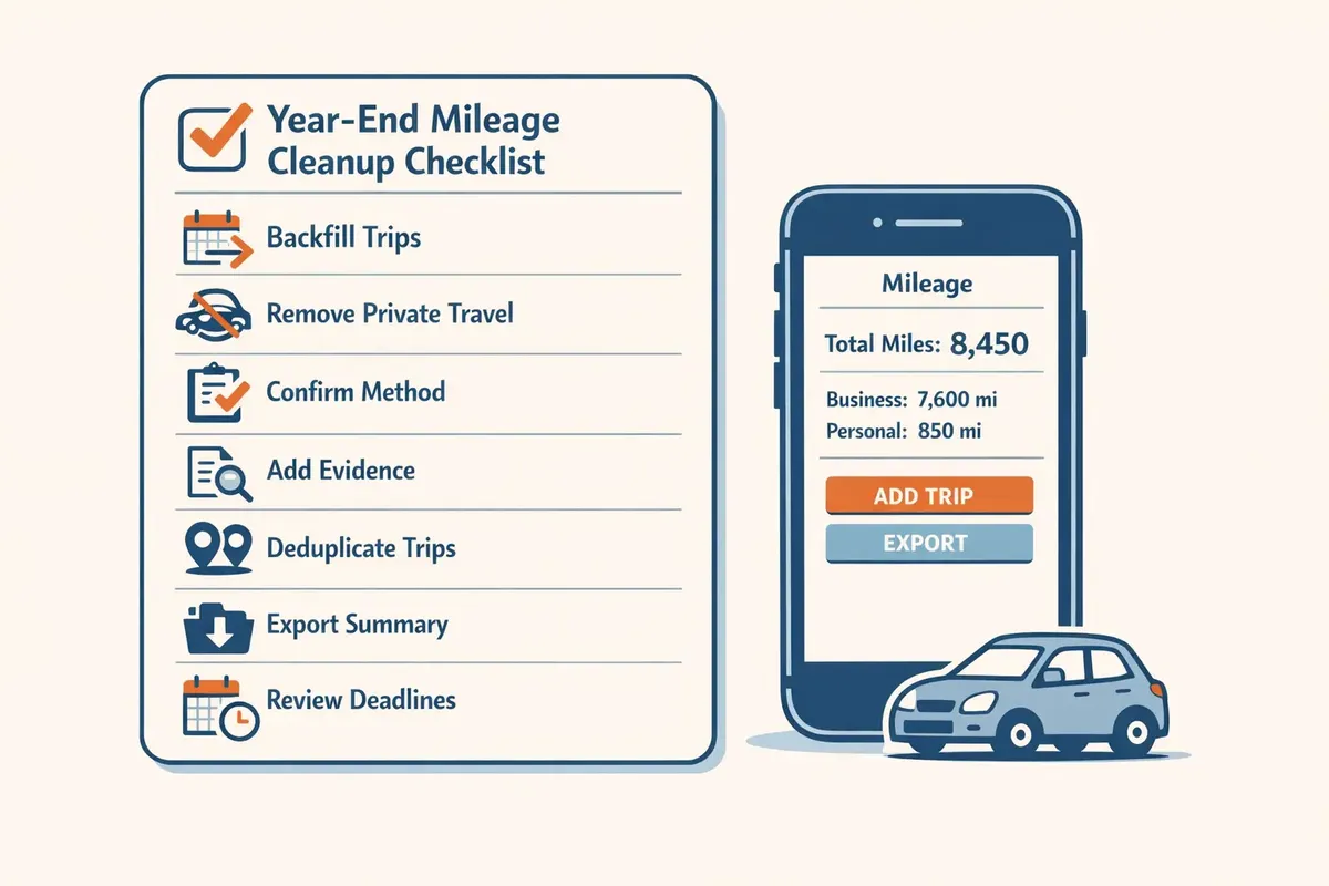 Self Assessment mileage cleanup checklist with steps for backfilling trips, evidence, and export before year end
