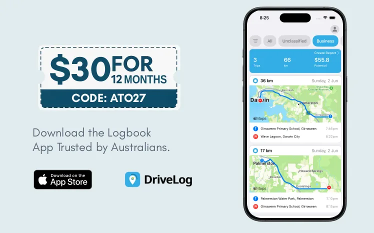 DriveLog $30 for 12 months promo code ATO27 for Australian logbook and mileage tracking