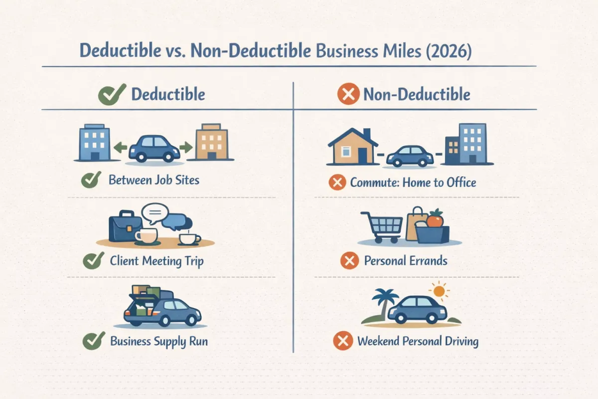 Deductible vs non-deductible business mileage examples for 2026 taxes