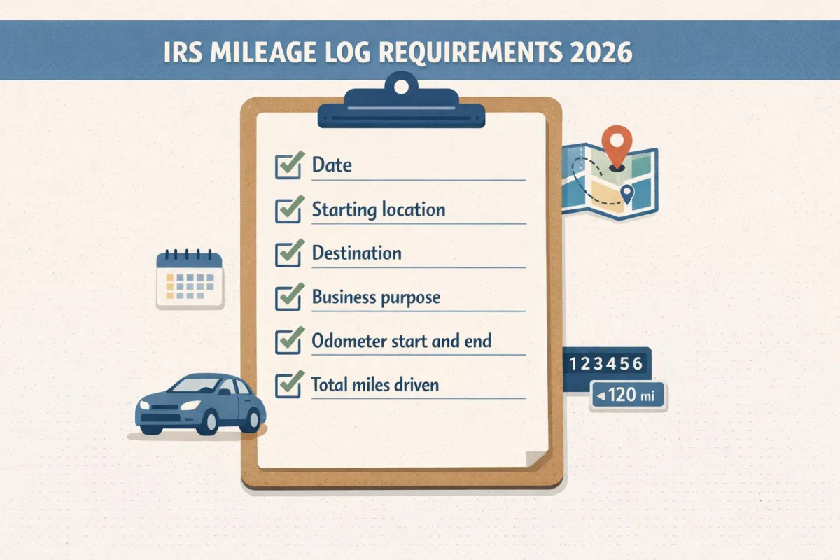 IRS mileage log requirements checklist for 2026 business mileage deductions